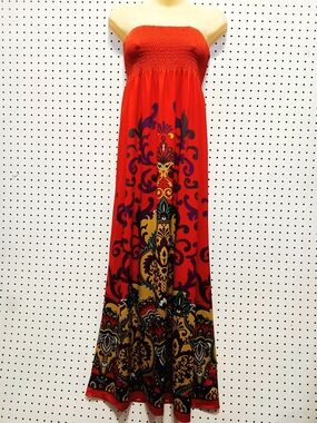 Forever 21 Red Strapless Maxi Dress with Ornate Multicolor Print